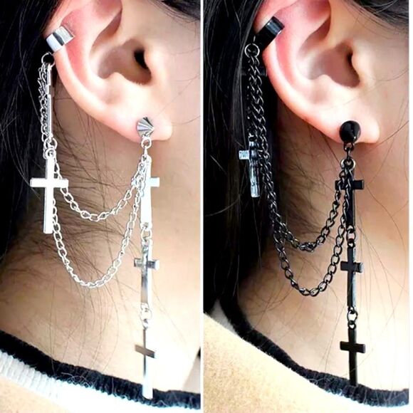 Black Chain Ear Wrap Multi Cross Hanging Post Earrings - Picture 4 of 4